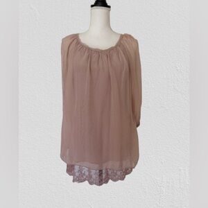 Giulia Woman’s Brown/Beige Silk Blouse Flowy Poncho Style Italy Western, Sz L